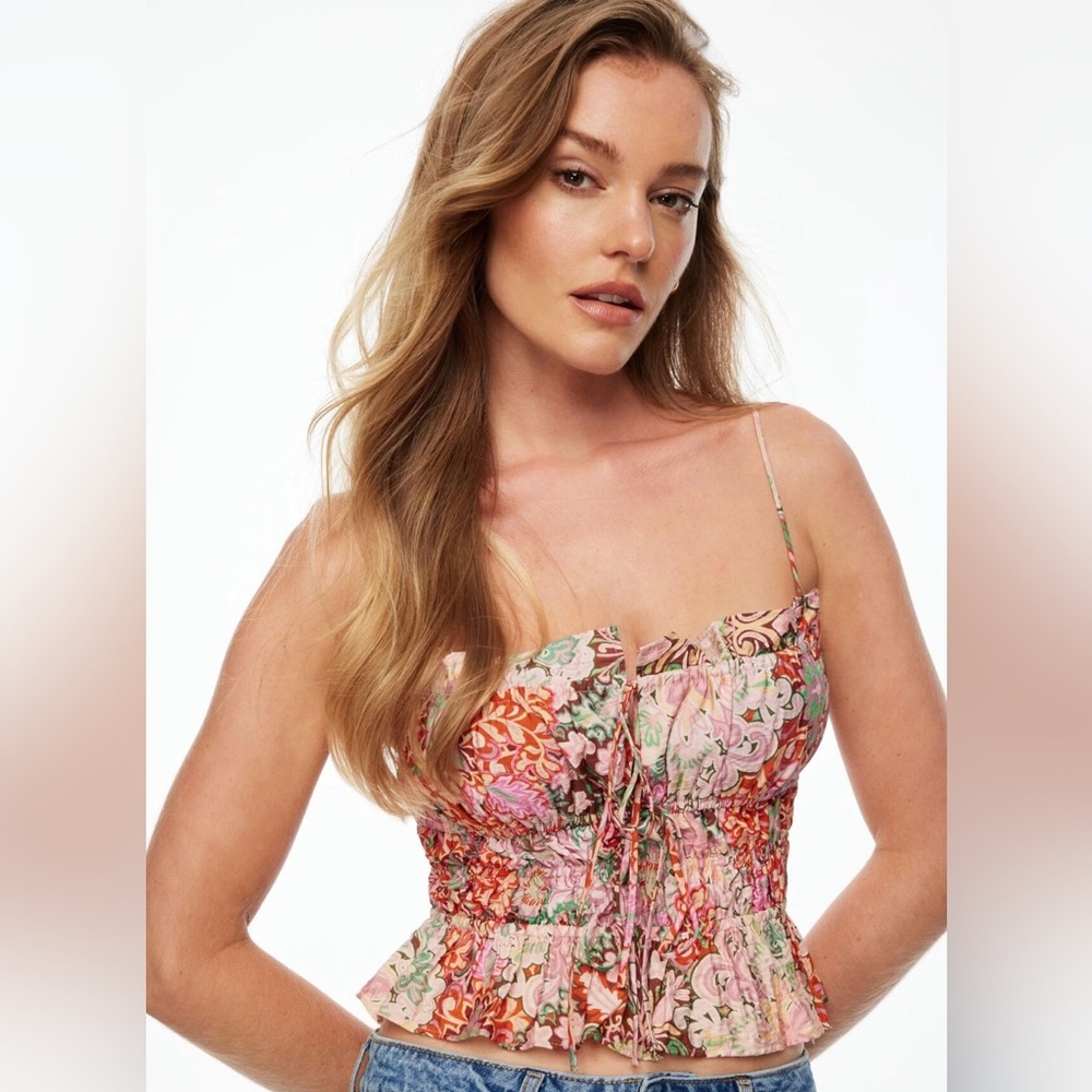 Dynamite Shirred Ruffle Bow Cami Top in Pink and Green Floral Pattern